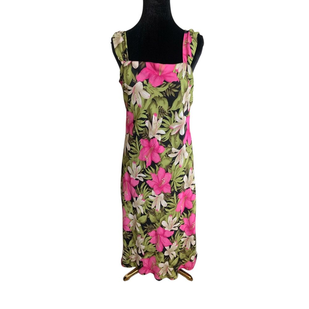 VTG Y2K Floral Hawaiian Midi Tank Dress Square Neck Beach Tropical Sleeveless
